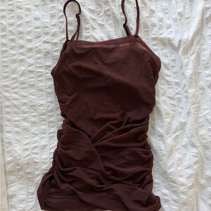 Brown Ruched Mesh Tank Top